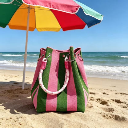 🏆👜 Limited Time Special Price ￡8.99!!✨  Boho Striped Knit Bucket Handbag for Women – Handmade Summer Beach Shoulder Bag