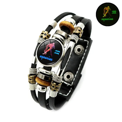 ⏰🎉Limited-time Offer: 50% OFF!🎉—Glow-in-the-Dark 12 Leather Zodiac Bracelet for Men and Women(6.9/8.1in)