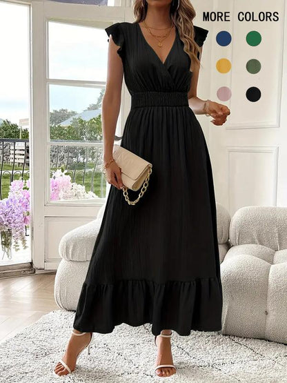 🎉Last Day Promotion 50% OFF💃🌼Women's Plain V-Neck Ruffled Waist-Defining Shirred V Neck Maxi Dress