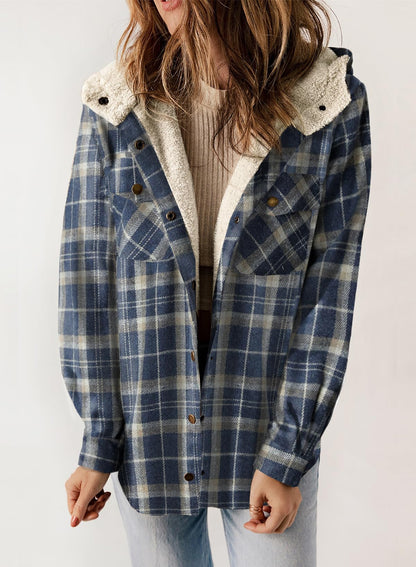 ☘️50% OFF🔥Women's Fall Thickened Flannel Long Sleeve Plaid Jacket Coat with Hood