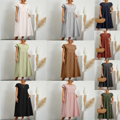 🔥Last Day Sale 49%🔥Summer Fashion Solid Color Cotton Linen Pocket Dress