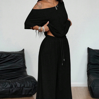 🎁2026 New Arrivals 50% OFF💥Women's Off-Shoulder Top & Pants 2-Piece Set – Asymmetrical, Wide-Leg, Soft Fabric ✨