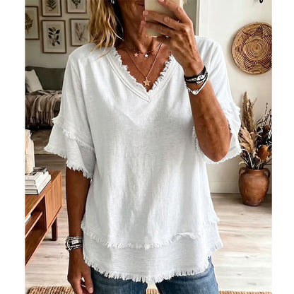 💖LAST DAY SALE ONLY￡11.99!!💖Women's Boho V-Neck T-Shirt with Frayed Edges🌿 – Loose Fit, Breathable Summer Top in Soft Cotton👚